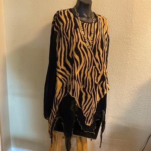 Tan-Chho Tiger Stripes Sheer Sleeve Handkerchiefs Tails Blouse